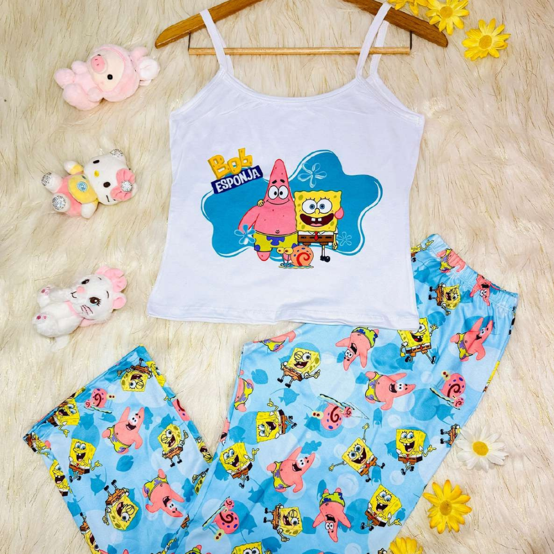 Pijama SoftElegance™ – Camisa de Tiras + Pantalón Largo para Noches Cómodas y con Estilo